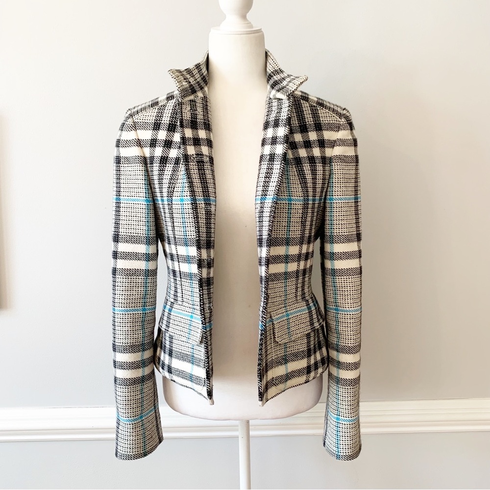 Burberry Tailored Plaid Women's Jacket - Cream & Black with Teal Accents - Picture 2 of 16